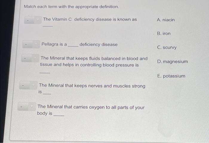Match Each Term With The Appropriate Definition The Vitamin C Deficiency Disease Is Known As A Niacin B Iron Pellagra 1