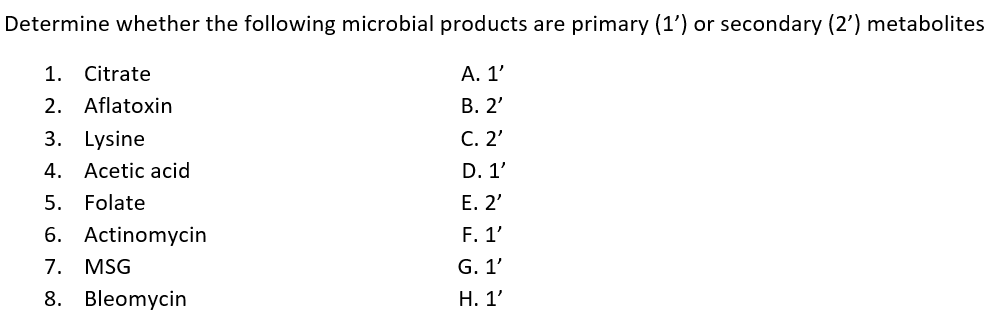 Determine Whether The Following Microbial Products Are Primary 1 Or Secondary 2 Metabolites 1 Citrate 2 Aflatoxi 1