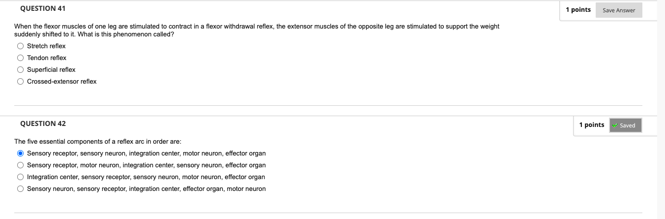 Question 41 1 Points Save Answer When The Flexor Muscles Of One Leg Are Stimulated To Contract In A Flexor Withdrawal Re 1