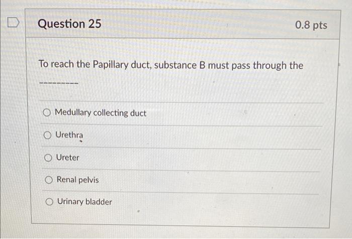 Question 25 0 8 Pts To Reach The Papillary Duct Substance B Must Pass Through The O Medullary Collecting Duct Urethra O 1