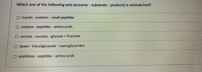 Which One Of The Following Sets Enzyme Substrate Product Is Mismatched Trypsin Proteins Small Peptides O Amyl 1