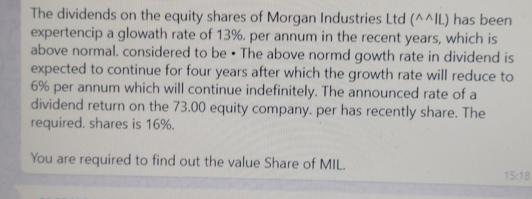 The Dividends On The Equity Shares Of Morgan Industries Ltd Il Has Been Expertencip A Glowath Rate Of 13 Per Annum 1