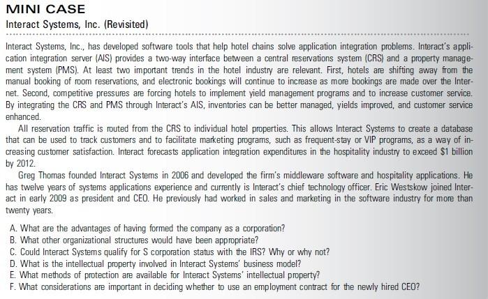 Mini Case Interact Systems Inc Revisited Interact Systems Inc Has Developed Software Tools That Help Hotel Chains 1