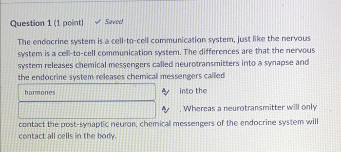 Question 1 1 Point Saved The Endocrine System Is A Cell To Cell Communication System Just Like The Nervous System Is 1