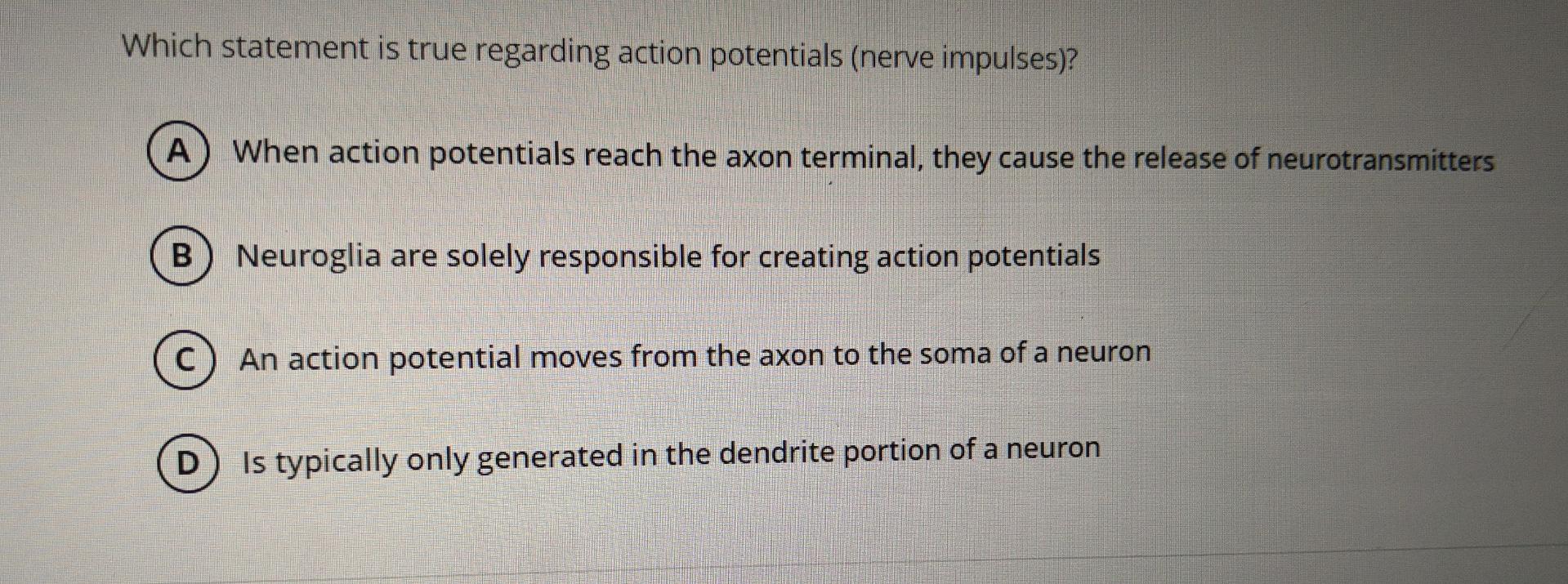 Which Statement Is True Regarding Action Potentials Nerve Impulses A When Action Potentials Reach The Axon Terminal 1