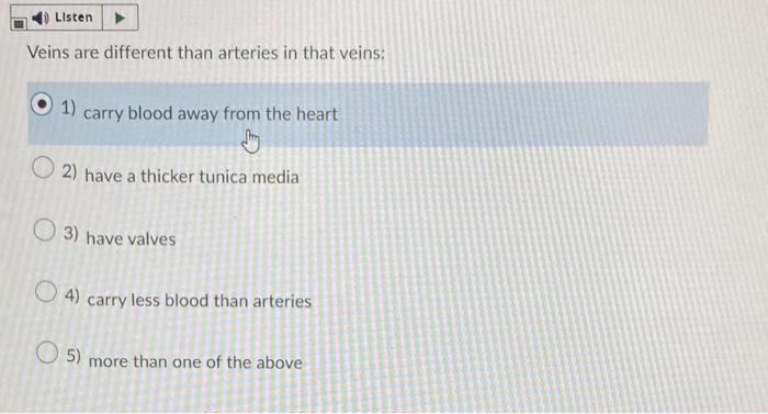 Listen Veins Are Different Than Arteries In That Veins 1 Carry Blood Away From The Heart Hy 2 Have A Thicker Tunica M 1