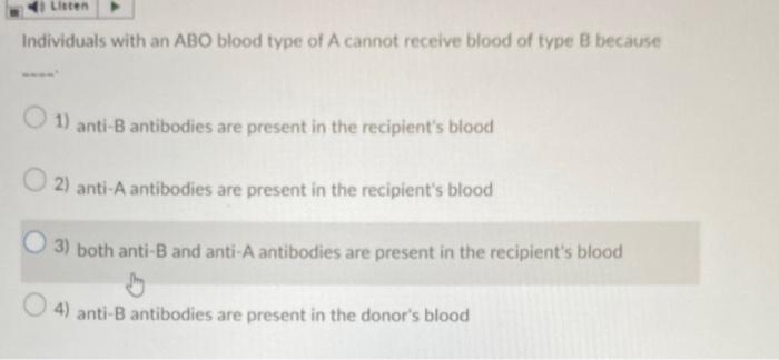 Listen Individuals With An Abo Blood Type Of A Cannot Receive Blood Of Type B Because 1 Anti B Antibodies Are Present I 1