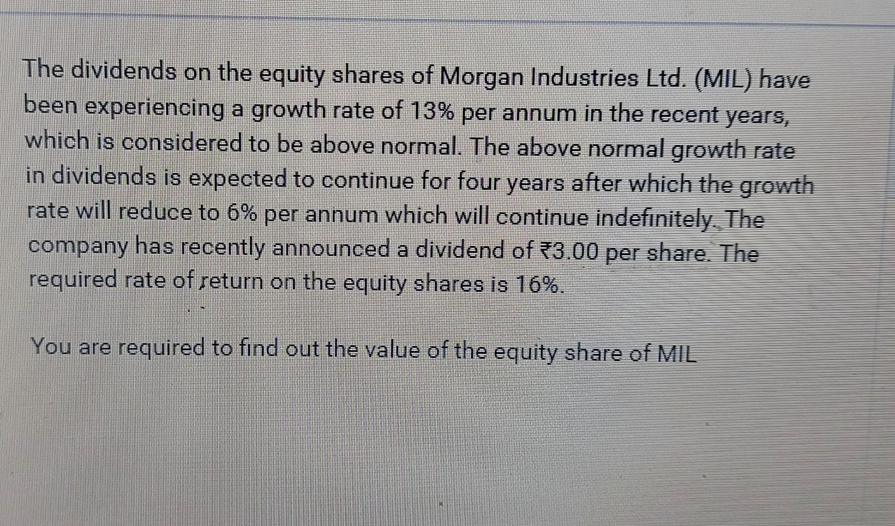 The Dividends On The Equity Shares Of Morgan Industries Ltd Mil Have Been Experiencing A Growth Rate Of 13 Per Annum 1