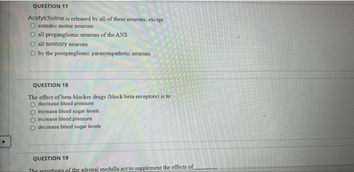 Question 17 Acetylcholine Is Released By All Of These Neurons Except Osomatic Motor Neurons All Preganglionic Neurons O 1