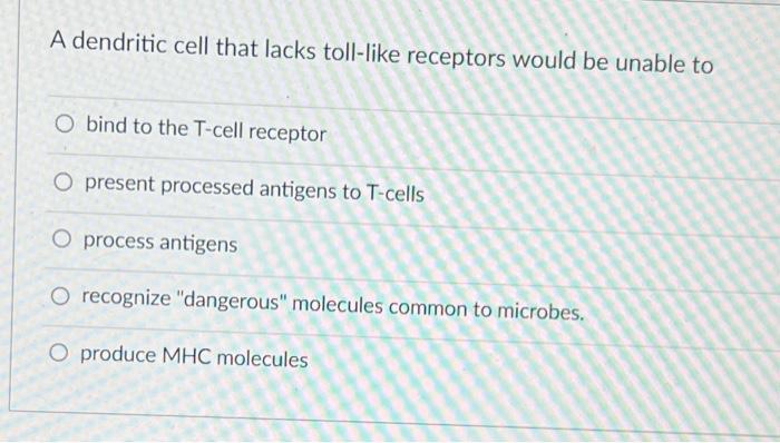 A Dendritic Cell That Lacks Toll Like Receptors Would Be Unable To O Bind To The T Cell Receptor O Present Processed Ant 1