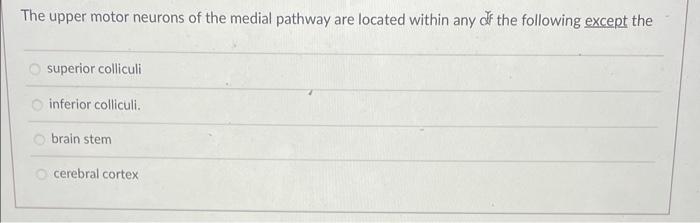 The Upper Motor Neurons Of The Medial Pathway Are Located Within Any Of The Following Except The Superior Colliculi Infe 1