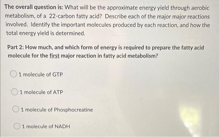 The Overall Question Is What Will Be The Approximate Energy Yield Through Aerobic Metabolism Of A 22 Carbon Fatty Acid 1