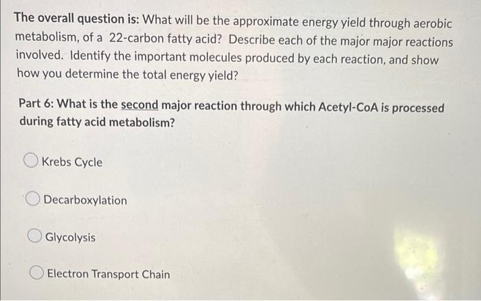 The Overall Question Is What Will Be The Approximate Energy Yield Through Aerobic Metabolism Of A 22 Carbon Fatty Acid 1