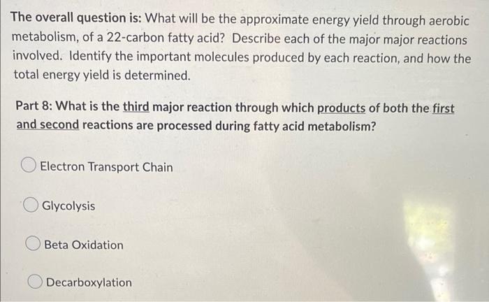The Overall Question Is What Will Be The Approximate Energy Yield Through Aerobic Metabolism Of A 22 Carbon Fatty Acid 1