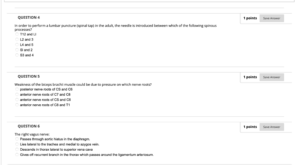 Question 4 1 Points Save Answer In Order To Perform A Lumbar Puncture Spinal Tap In The Adult The Needle Is Introduce 1