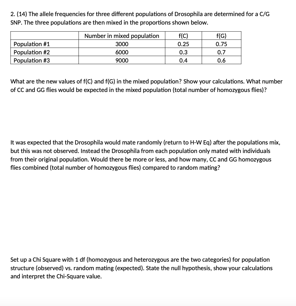 2 14 The Allele Frequencies For Three Different Populations Of Drosophila Are Determined For A C G Snp The Three Pop 1