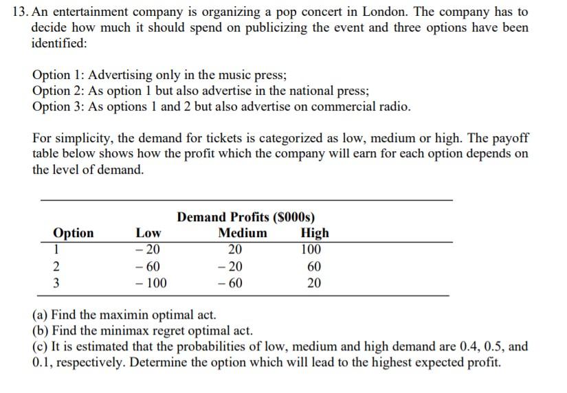 13 An Entertainment Company Is Organizing A Pop Concert In London The Company Has To Decide How Much It Should Spend O 1