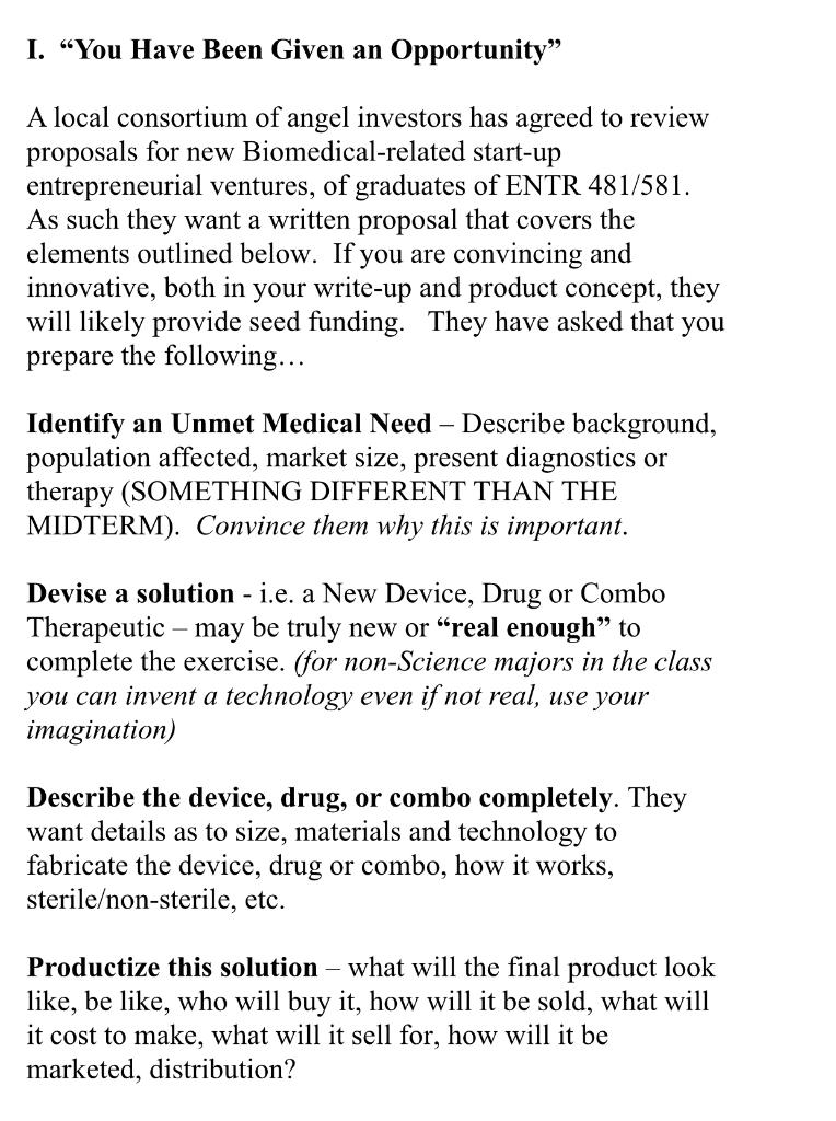 I You Have Been Given An Opportunity A Local Consortium Of Angel Investors Has Agreed To Review Proposals For New Bio 1