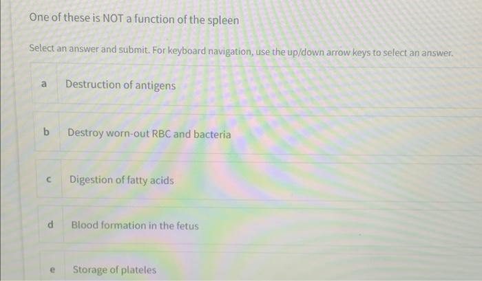 One Of These Is Not A Function Of The Spleen Select An Answer And Submit For Keyboard Navigation Use The Up Down Arrow 1
