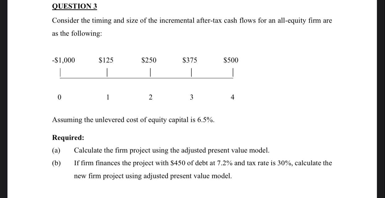 Question 3 Consider The Timing And Size Of The Incremental After Tax Cash Flows For An All Equity Firm Are As The Follow 1