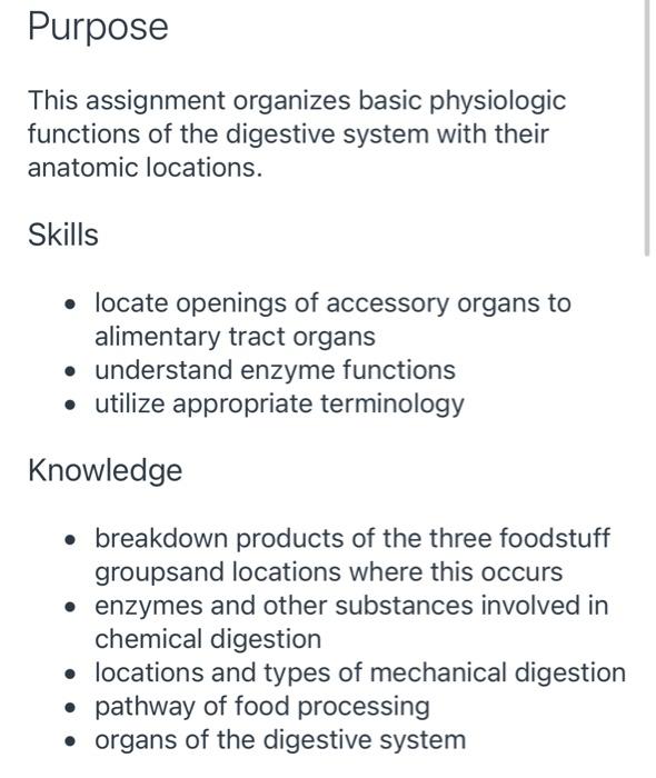 Purpose This Assignment Organizes Basic Physiologic Functions Of The Digestive System With Their Anatomic Locations Ski 1