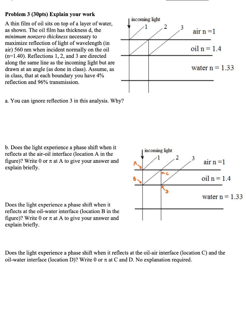 Incoming Light 1 2 3 Air N 1 Problem 3 30pts Explain Your Work A Thin Film Of Oil Sits On Top Of A Layer Of Water As 1