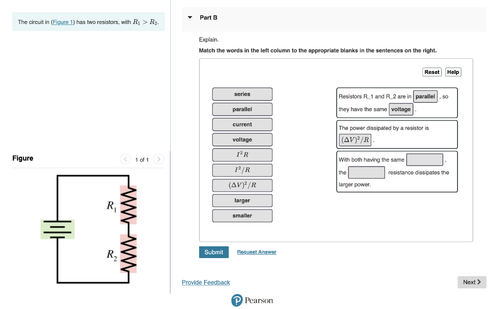 Part B The Circuit In Figure 1 Has Two Resistors With Ri R2 Explain Match The Words In The Left Column To The Appr 1