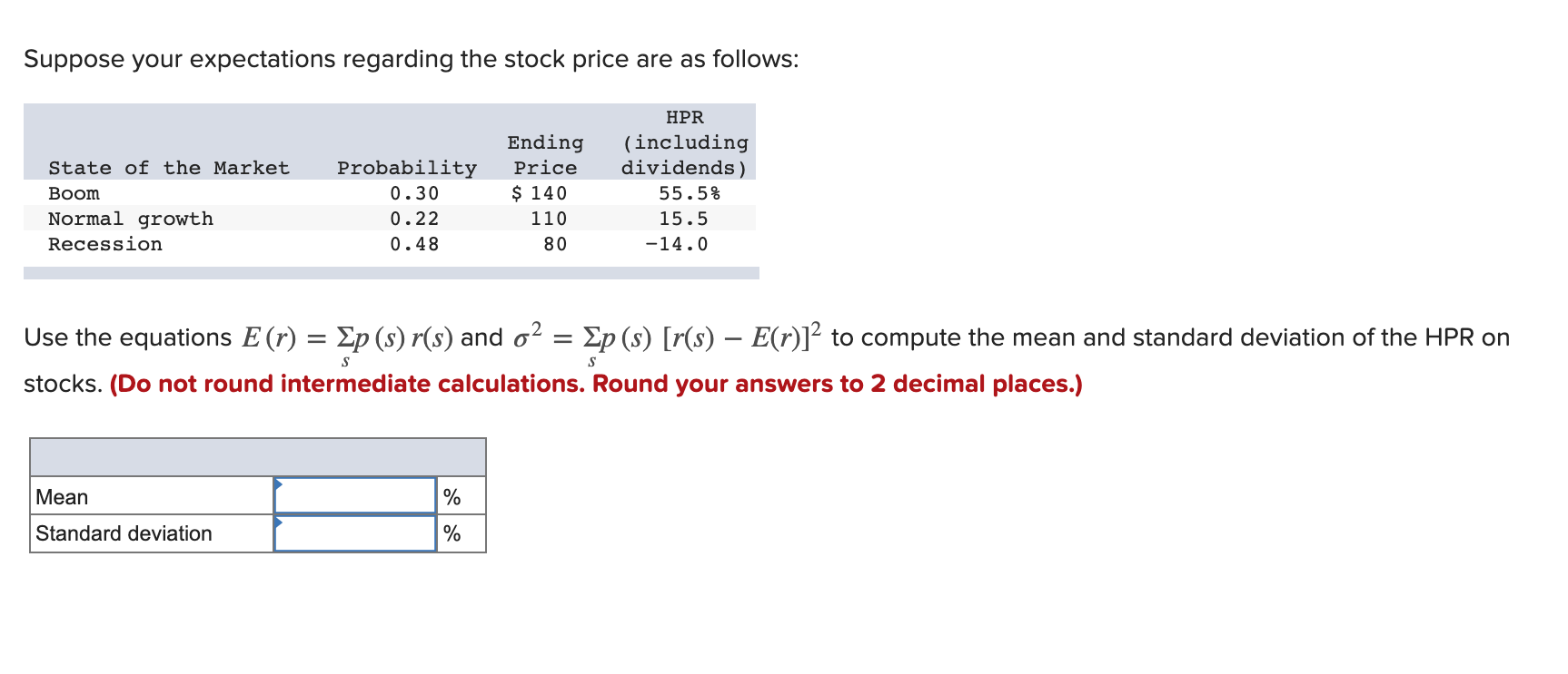 Suppose Your Expectations Regarding The Stock Price Are As Follows State Of The Market Boom Normal Growth Recession Pro 1