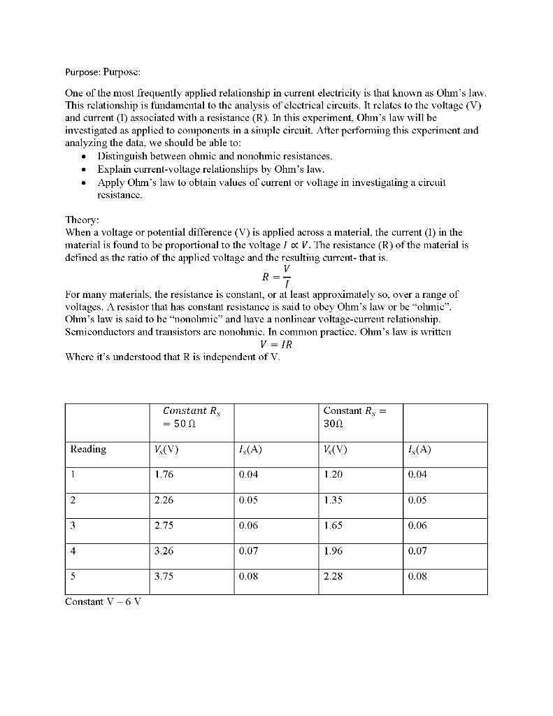 Ohm S Law Lab Report Need Help Finding Slope And Error From Graphs And Answering 3 Question Provided At End Pic Of Qu 1