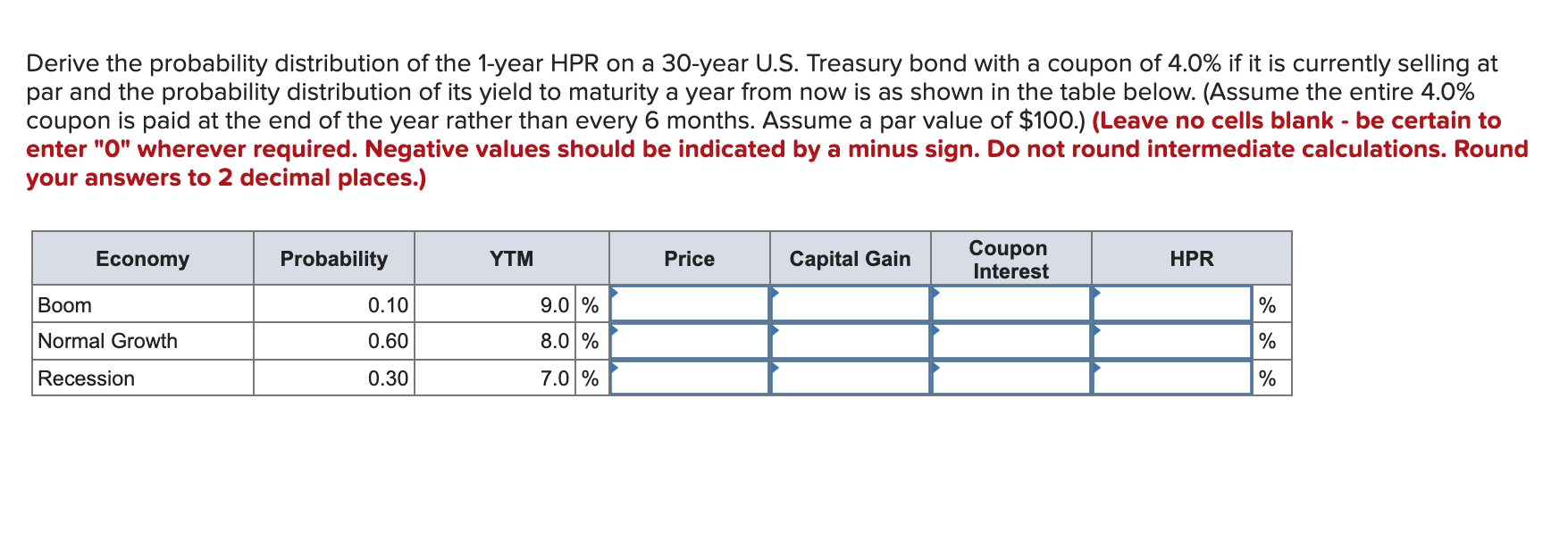 Derive The Probability Distribution Of The 1 Year Hpr On A 30 Year U S Treasury Bond With A Coupon Of 4 0 If It Is Cur 1