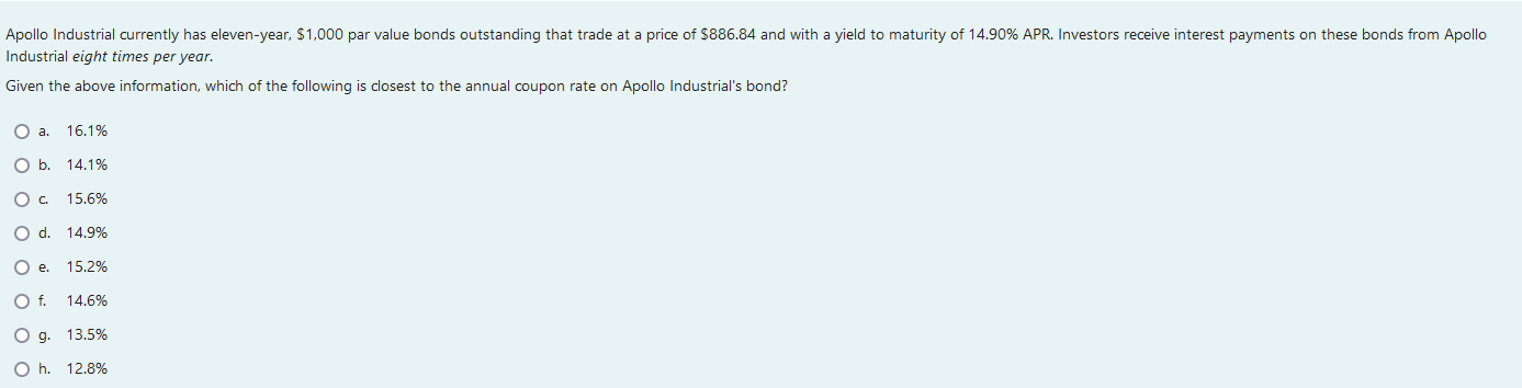 Apollo Industrial Currently Has Eleven Year 1 000 Par Value Bonds Outstanding That Trade At A Price Of 886 84 And Wit 1