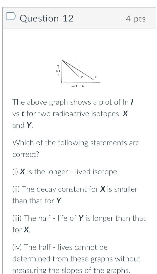 Question 12 4 Pts In 1 The Above Graph Shows A Plot Of In I Vs T For Two Radioactive Isotopes X And Y Which Of The Fo 1
