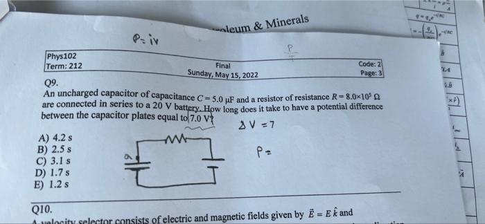 Leum Minerals Te Priv La Phys102 Term 212 Final Code 2 Sunday May 15 2022 Page 3 09 An Uncharged Capacitor Of C 1