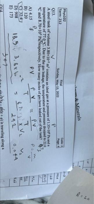 R 20 Laum Minerals Ix Code 2 Page 4 Na Dixi Phys102 Term 212 Final Sunday May 15 2022 Q13 V P A Steel Tank Of V 1