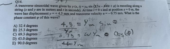 Q14 A Transverse Sinusoidal Wave Given By Y X Y Sin 2 5x 440r Is Traveling Along A String X And Y Are In M 1