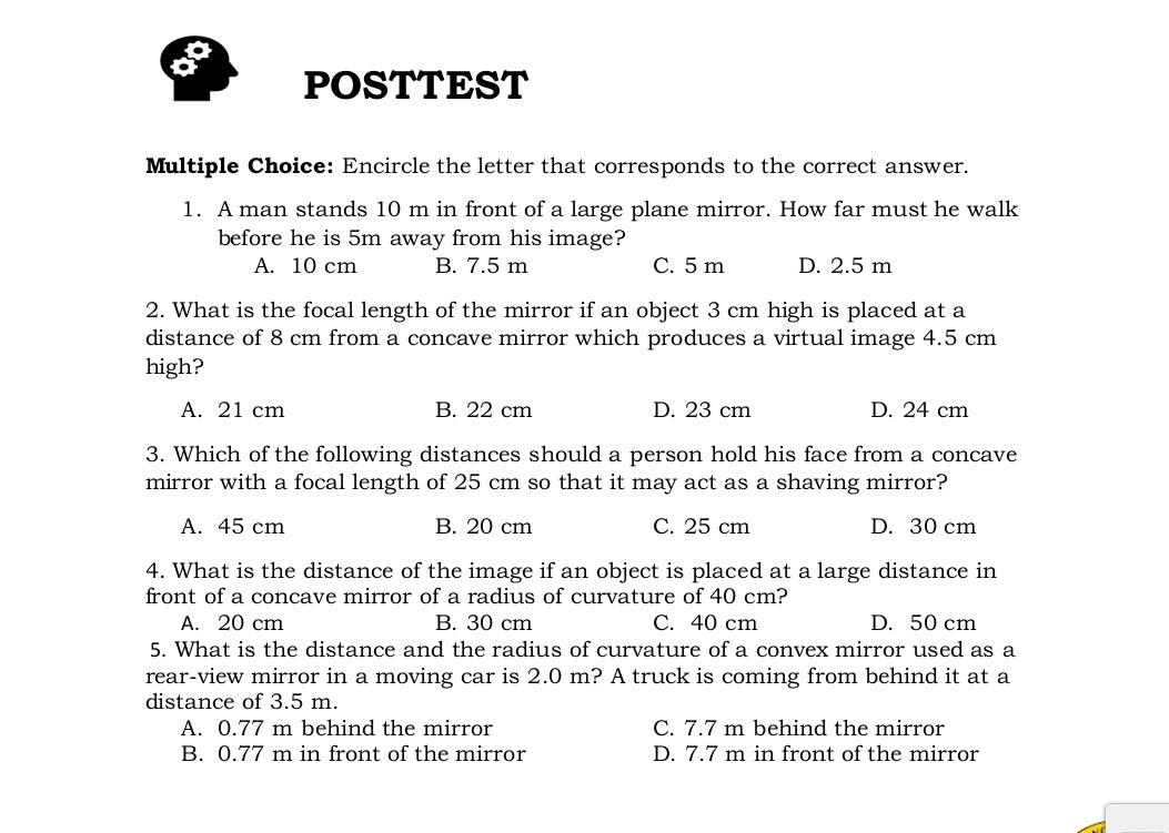 Posttest Multiple Choice Encircle The Letter That Corresponds To The Correct Answer 1 A Man Stands 10 M In Front Of A 1