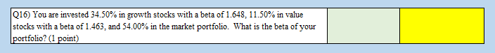 Q16 You Are Invested 34 50 In Growth Stocks With A Beta Of 1 648 11 50 In Value Stocks With A Beta Of 1 463 And 54 1