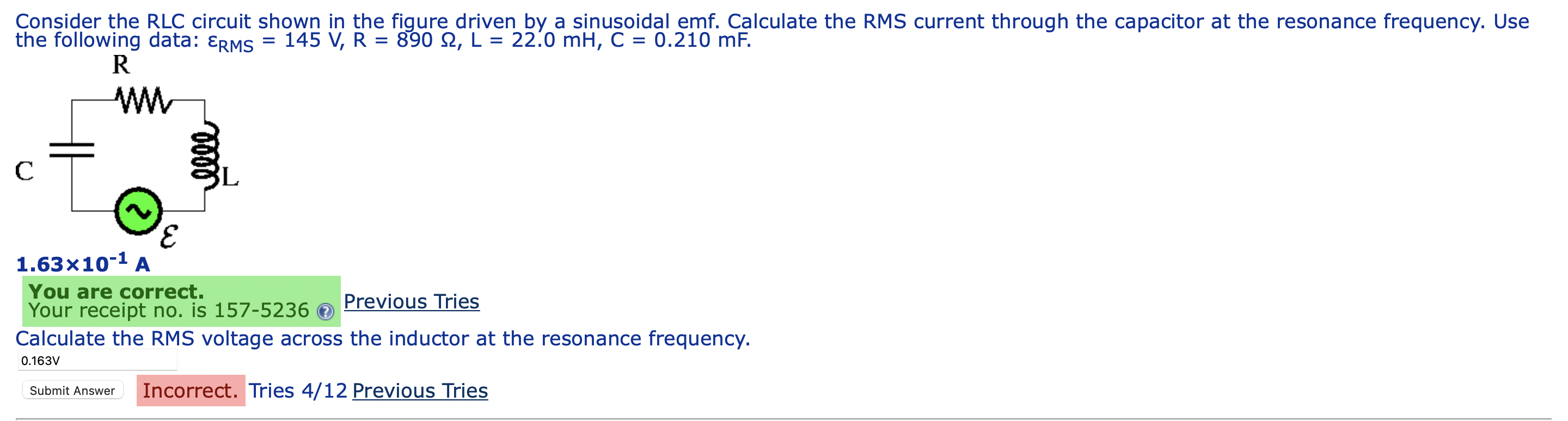 Consider The Rlc Circuit Shown In The Figure Driven By A Sinusoidal Emf Calculate The Rms Current Through The Capac 1