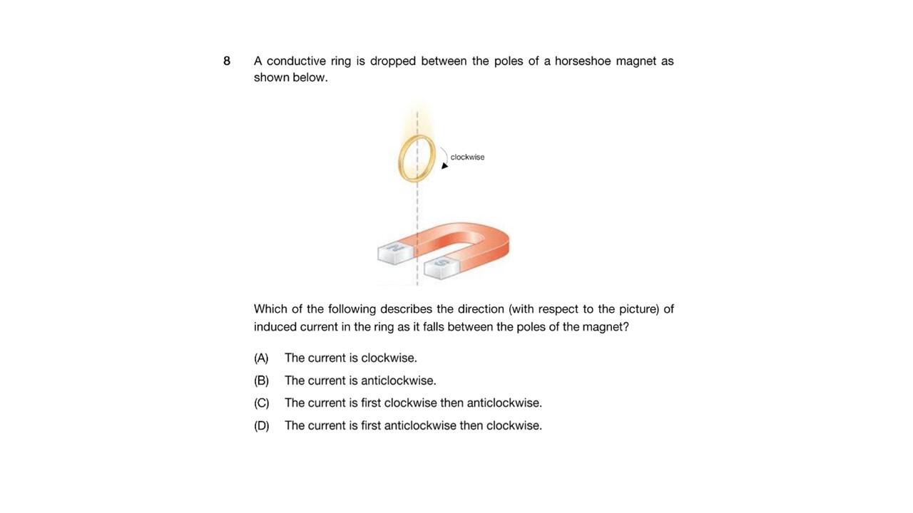 8 A Conductive Ring Is Dropped Between The Poles Of A Horseshoe Magnet As Shown Below Clockwise Which Of The Following 1