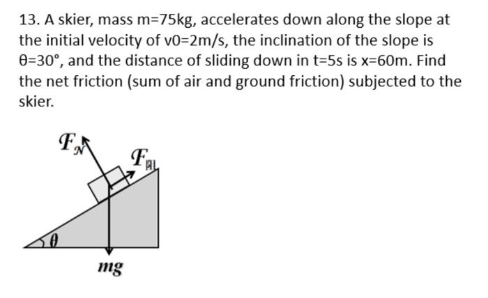 13 A Skier Mass M 75kg Accelerates Down Along The Slope At The Initial Velocity Of Vo 2m S The Inclination Of The Sl 1