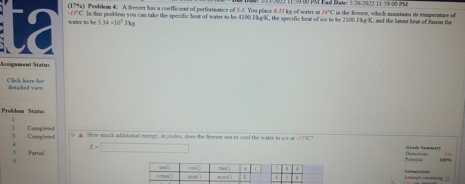 11 59 00 Pm End Date 5 26 2022 11 59 00 Pm 17 Problem 4 A Freezer Has A Coefficient Of Performance Of 5 4 You Plac 1