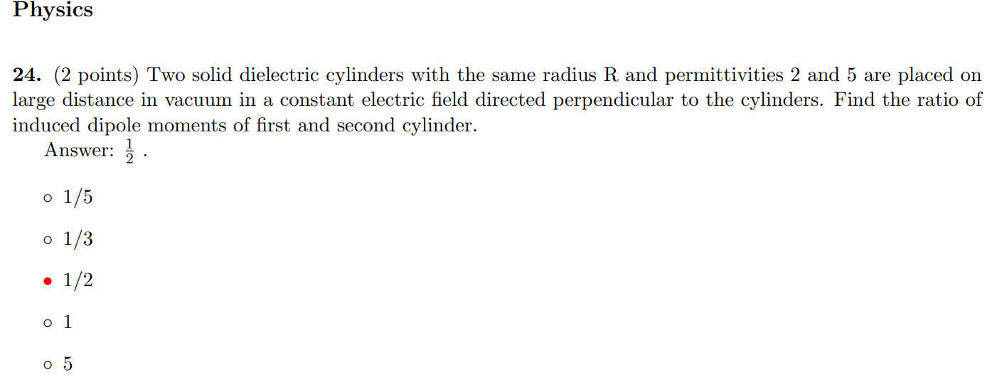 Physics 24 2 Points Two Solid Dielectric Cylinders With The Same Radius R And Permittivities 2 And 5 Are Placed On La 1