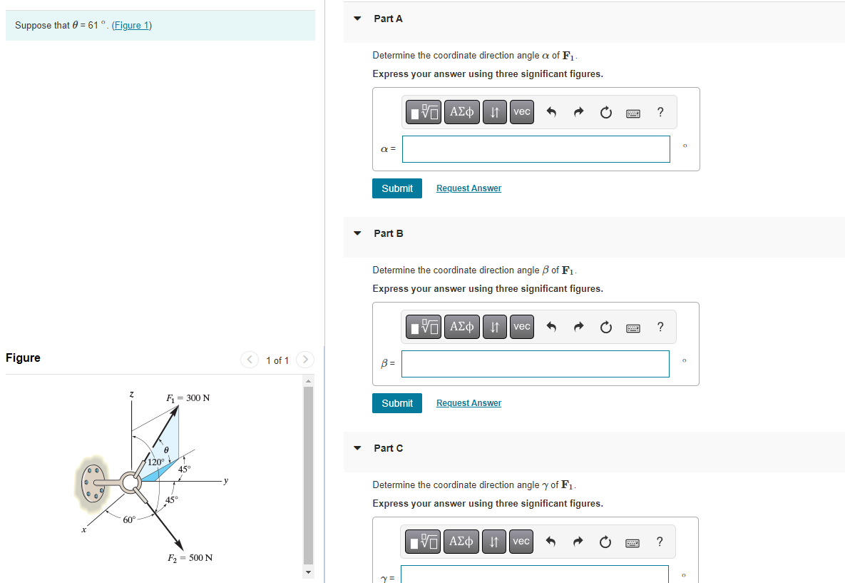 Part A Suppose That 0 61 Figure 1 Determine The Coordinate Direction Angle A Of F Express Your Answer Using Three S 1