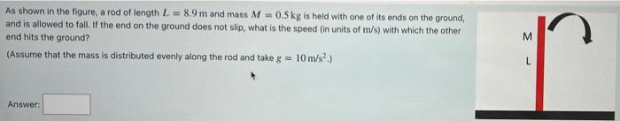 As Shown In The Figure A Rod Of Length L 8 9 M And Mass M 0 5 Kg Is Held With One Of Its Ends On The Ground And Is 1