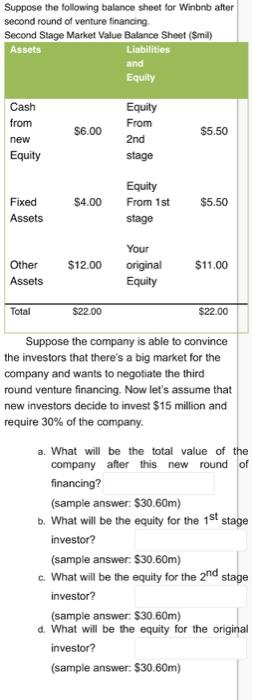 Suppose The Following Balance Sheet For Winbnb After Second Round Of Venture Financing Second Stage Market Value Balance 1
