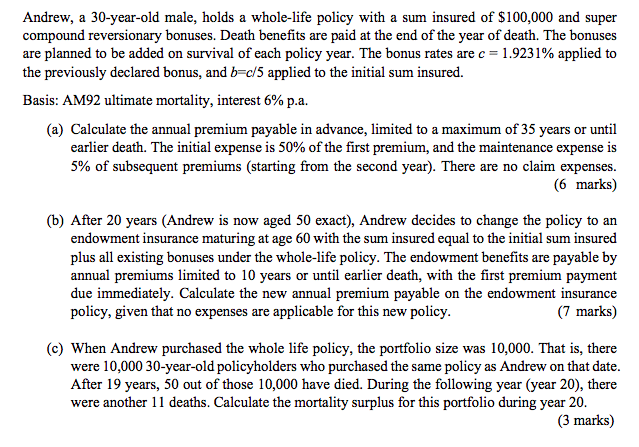 Andrew A 30 Year Old Male Holds A Whole Life Policy With A Sum Insured Of 100 000 And Super Compound Reversionary Bon 1