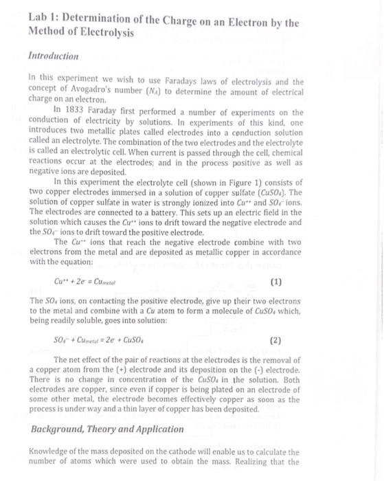 Lab 1 Determination Of The Charge On An Electron By The Method Of Electrolysis Introduction In This Experiment We Wish 1
