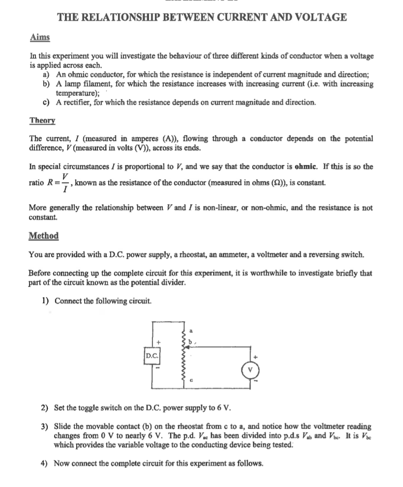 The Relationship Between Current And Voltage Aims In This Experiment You Will Investigate The Behaviour Of Three Differe 1