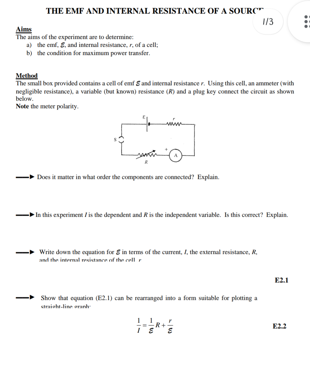 The Emf And Internal Resistance Of A Sourc 1 3 Aims The Aims Of The Experiment Are To Determine A The Emf E And Inte 1
