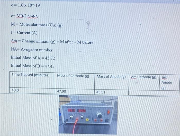 E 1 6 X 10 19 E Mit2 Amna M Molecular Mass Cu G I Current A Am Change In Mass G M After M Before Na Avo 1